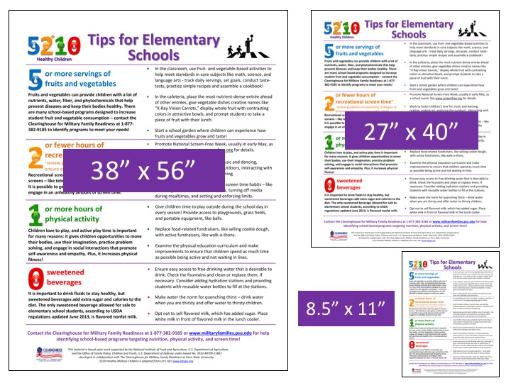 Showing two posters sizes at 38" by 56" and 27" by 40" and a picture of the 8.5" by 11" tipsheet